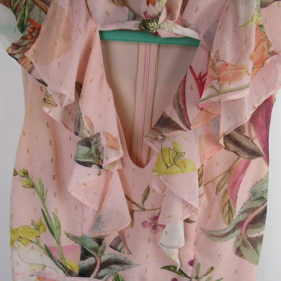 Cooper St Pink Floral Swiss Dot Frill Sleeve Neck Tie Midi Dress sz 4 - Picture 3 of 9